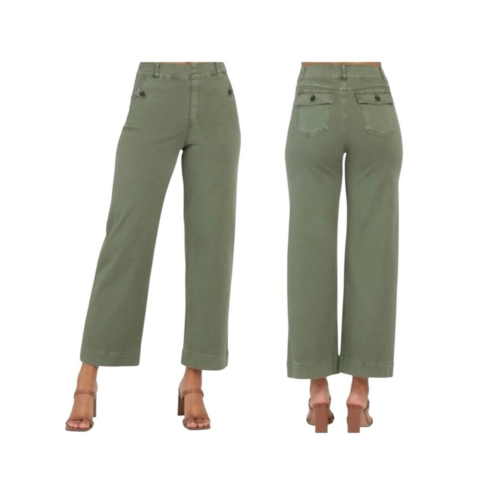 Spanx Twill Crop Wide Leg Pants Olive Green Womens Small Casual High-Waist - Picture 5 of 13